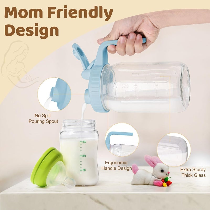 AoeJarry Breast Milk Pitcher with Leak Proof Flip Cap & Pour Spout, 32 oz Wide Mouth Mason Jars for Breast Milk Storage Container, Glass Picther with Lid for Cold Brew Coffee, Sun Tea, Juices, Blue - Image 2